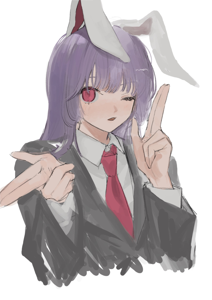 1girl absurdres animal_ears blunt_bangs blush eyelashes finger_gun gotagotay hair_between_eyes highres long_sleeves necktie one_eye_closed purple_eyes rabbit_ears red_eyes red_necktie reisen_udongein_inaba sidelocks simple_background smile solo touhou upper_body white_background