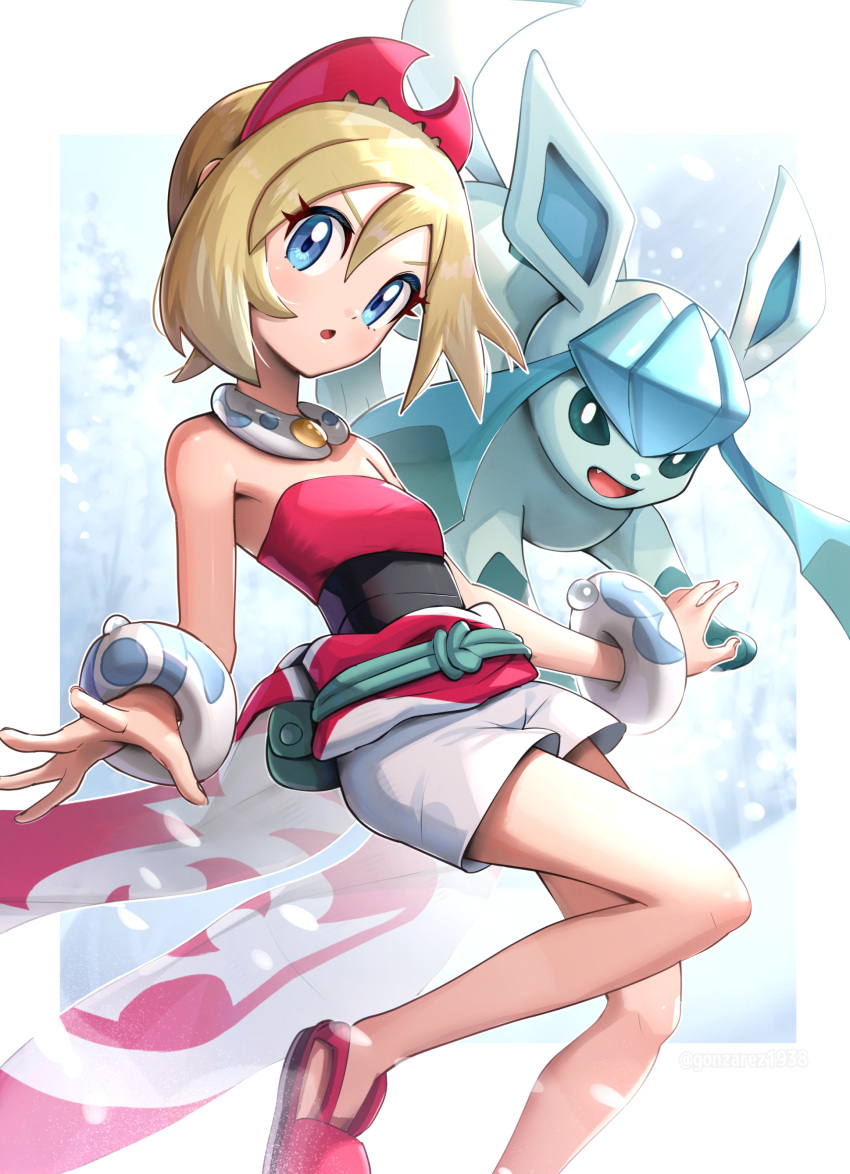 1girl absurdres arm_wrap blonde_hair blue_eyes breasts collar commentary_request eyelashes flat_chest glaceon gonzarez hair_between_eyes hairband highres irida_(pokemon) jewelry knees looking_at_viewer neck_ring pearl_clan_outfit pokemon pokemon_(creature) pokemon_(game) pokemon_legends:_arceus red_hairband shirt short_hair shorts strapless strapless_shirt waist_cape white_shorts