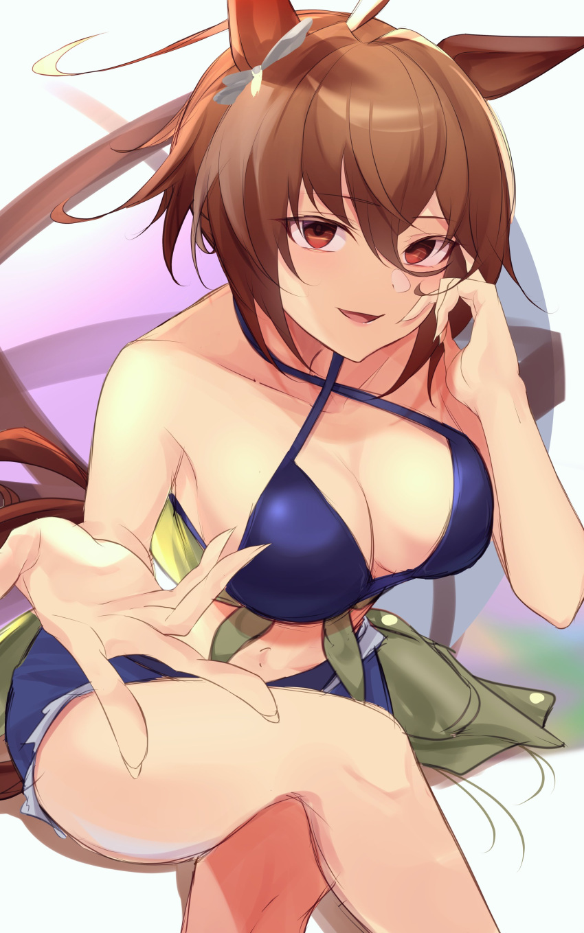 1girl absurdres agnes_tachyon_(lunatic_lab)_(umamusume) agnes_tachyon_(umamusume) ahoge animal_ears bare_shoulders bikini black_bikini blue_shorts breasts brown_eyes brown_hair cleavage clothes_around_waist collarbone commentary criss-cross_halter crossed_legs ear_ornament green_jacket hair_between_eyes halterneck hand_on_own_cheek hand_on_own_face highres horse_ears horse_girl jacket jacket_around_waist looking_at_viewer navel no_gloves official_alternate_costume open_mouth reaching reaching_towards_viewer short_hair shorts sitting sketch solo summer's_sunlight_fades_to_blue_(umamusume) swimsuit tail tied_jacket umamusume yomesuket