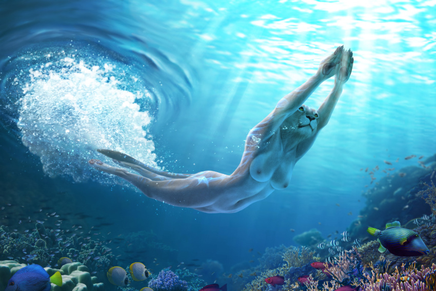 2023 5_fingers air_bubble alira_(soren_frazier) ambient_coral ambient_fish ambient_sealife animal_genitalia anthozoan anthro breasts butt cnidarian coral coral_reef felid female fingers fish fully_sheathed genitals hi_res hindpaw humanoid_hands jocarra lion mammal marine nature navel nipples nude outdoor_nudity outside pantherine pawpads paws sea sheath skinny_dipping solo swimming tropical underwater water