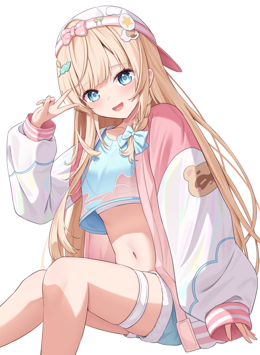 1girl baseball_cap blonde_hair blue_bow blue_eyes blue_shorts blush bow braid breasts cropped_shirt hair_bow hat highres hololive jacket kag_tsukimi kazama_iroha kazama_iroha_(3rd_costume) letterman_jacket long_hair long_sleeves looking_at_viewer midriff navel open_mouth pink_jacket short_shorts shorts single_braid small_breasts smile solo thigh_strap v virtual_youtuber white_background white_headwear