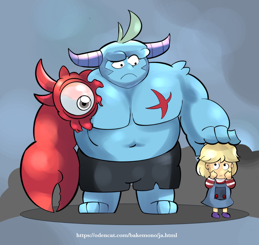 2023 absurd_res anthro biped blue_body bottomwear clothed clothing duo hi_res horn human kemono m2vcjtad5hsdvla male mammal meg's_monster monster musclegut red_body scar shorts size_difference