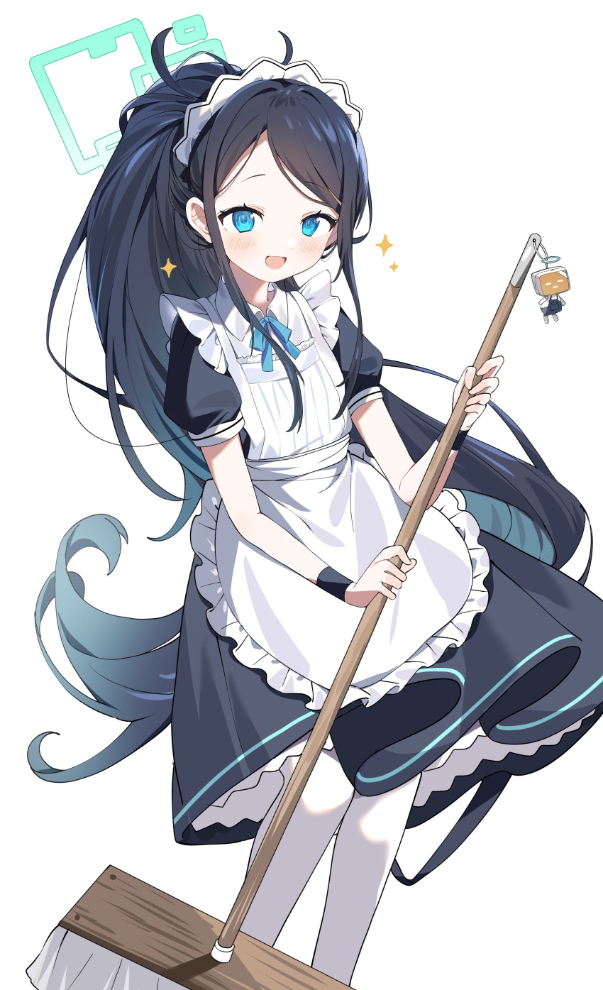 1girl absurdres apron aris_(blue_archive) aris_(maid)_(blue_archive) black_dress black_hair black_wristband blue_archive blue_eyes blue_ribbon blush borrowed_clothes dress frilled_apron frilled_dress frills halo highres holding holding_mop inu_(puputizy) long_hair looking_at_viewer maid maid_apron maid_headdress mop neck_ribbon official_alternate_costume open_mouth pantyhose ponytail puffy_short_sleeves puffy_sleeves ribbon ringed_eyes short_sleeves simple_background smile solo sparkle very_long_hair white_apron white_background white_pantyhose
