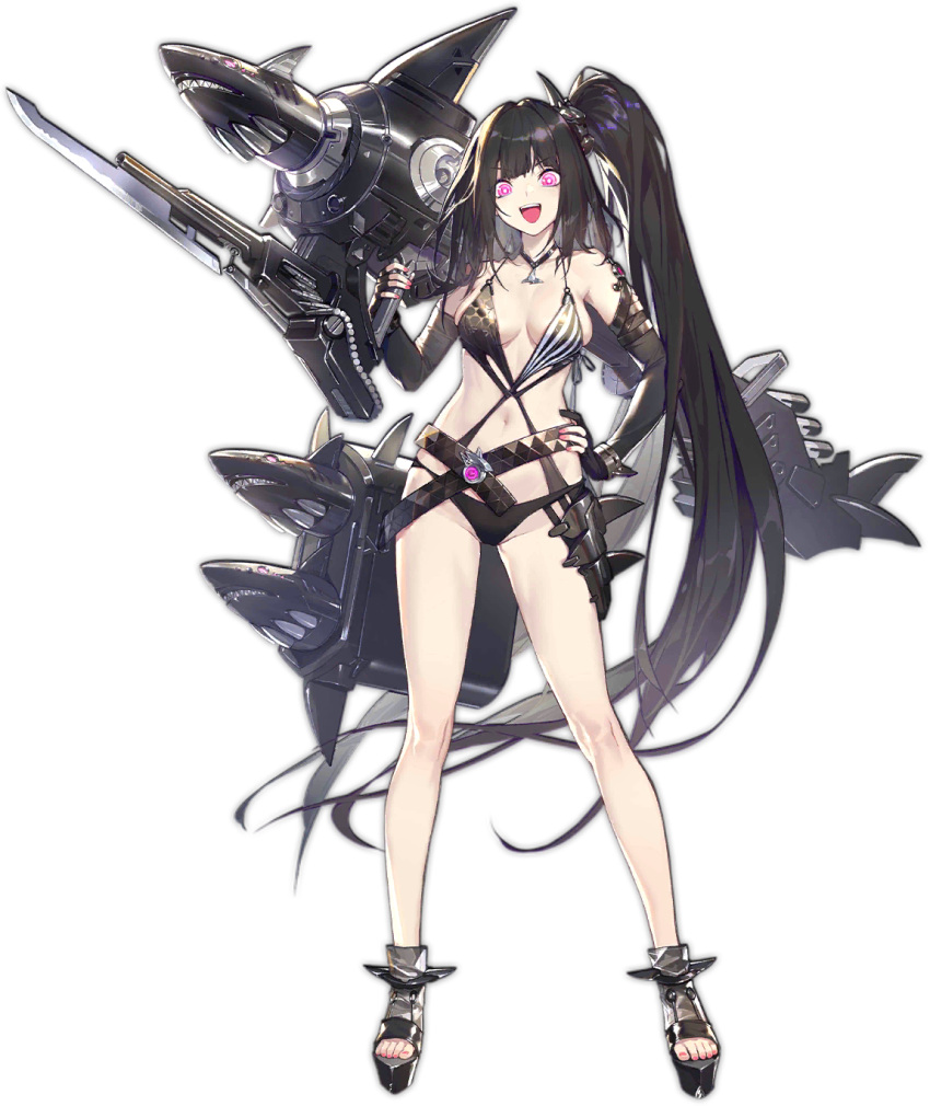 1girl :d architect_(girls'_frontline) architect_(nvw_model)_(girls'_frontline) asymmetrical_gloves bare_legs black_choker black_gloves black_hair black_one-piece_swimsuit breasts bright_pupils casual_one-piece_swimsuit choker elbow_gloves fingerless_gloves fingernails fins full_body girls'_frontline gloves gunlance hair_ornament hand_on_own_hip highres hip_armor holding holding_rocket_launcher holding_weapon large_breasts long_hair nail_polish navel no_socks official_art one-piece_swimsuit one_side_up open_mouth partially_fingerless_gloves pink_eyes pink_nails platform_footwear ringed_eyes rocket_launcher sangvis_ferri shark sharp_teeth simple_background smile solo standing swimsuit teeth third-party_source toenail_polish toenails toes transparent_background transparent_footwear upper_teeth_only v-shaped_eyebrows very_long_hair weapon xiao_qiang_sang