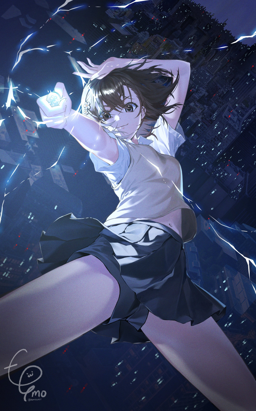 &gt;:) 1girl absurdres black_shorts black_skirt breasts brown_eyes brown_hair brown_sweater_vest cityscape coin collared_shirt electricity electrokinesis from_below fumo_(homosukii) furrowed_brow groin hair_ornament hairclip highres holding holding_coin holding_weapon light_smile lightning looking_at_viewer midriff_peek miniskirt misaka_mikoto navel night outstretched_arm parted_bangs pleated_skirt railgun school_uniform shirt short_hair short_sleeves shorts shorts_under_skirt signature skirt small_breasts solo summer_uniform sweater_vest thighs toaru_kagaku_no_railgun toaru_majutsu_no_index tokiwadai_school_uniform v-shaped_eyebrows weapon white_shirt wind wind_lift