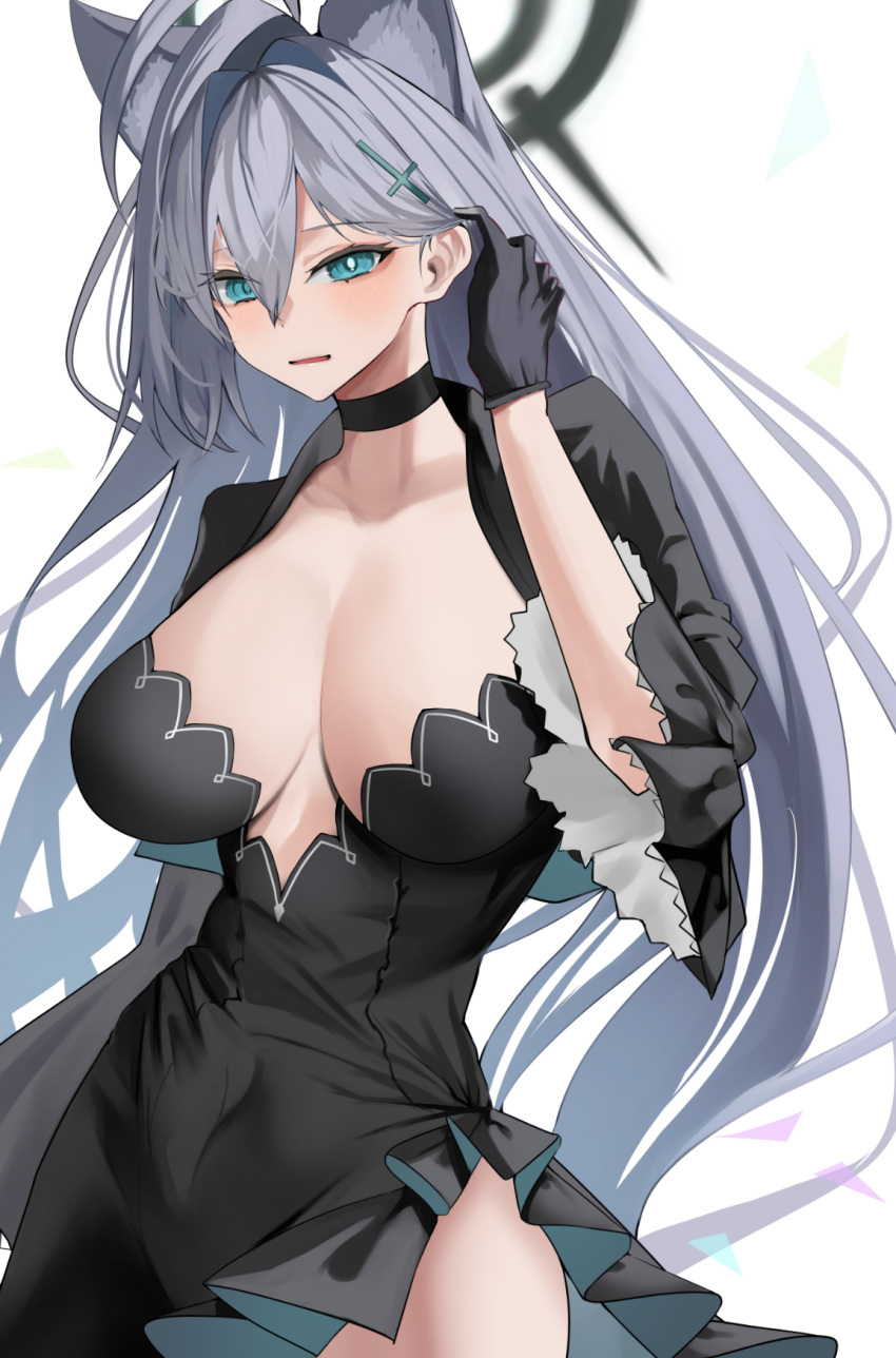 1girl adjusting_hair ahoge animal_ear_fluff animal_ears black_choker black_dress black_gloves blue_archive blue_eyes breasts broken_halo choker cleavage collarbone commentary_request dress extra_ears gloves grey_hair hair_between_eyes halo highres long_hair long_sleeves looking_at_viewer mismatched_pubic_hair parted_lips san_(harutuki_3) shiroko_(blue_archive) shiroko_(terror)_(blue_archive) side_slit sidelocks simple_background solo thighlet white_background wide_sleeves wolf_ears wolf_girl