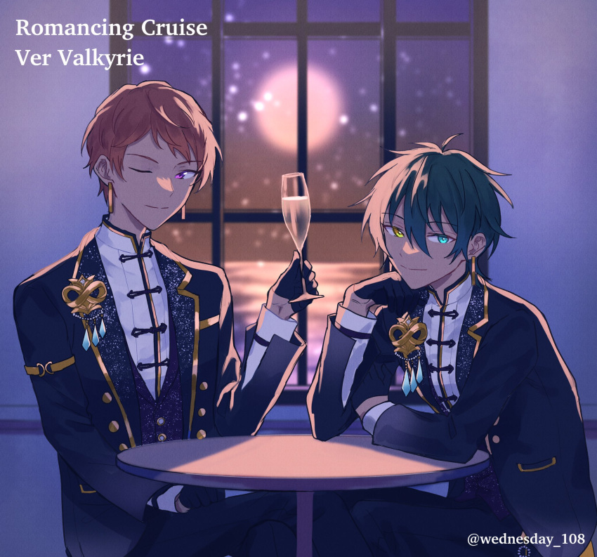 2boys aqua_eyes black_gloves buttons closed_mouth commentary_request cup ensemble_stars! gloves green_hair hair_between_eyes heterochromia high_collar highres holding holding_cup indoors itsuki_shu kagehira_mika lapels long_sleeves male_focus moon multiple_boys one_eye_closed pink_hair purple_eyes short_hair sitting table twitter_username wednesday_108 window yellow_eyes