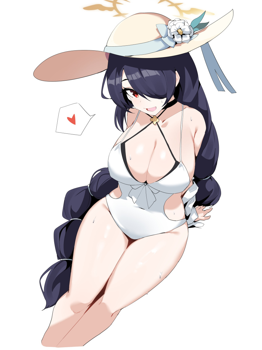 1girl absurdres black_hair blue_archive braid braided_ponytail breasts cleavage cropped_legs flower hat hat_flower heart highres hinata_(blue_archive) hinata_(swimsuit)_(blue_archive) large_breasts long_hair looking_at_viewer one-piece_swimsuit open_mouth plentyofempty red_eyes simple_background solo spoken_heart sun_hat sweat swimsuit very_long_hair white_background white_flower white_one-piece_swimsuit