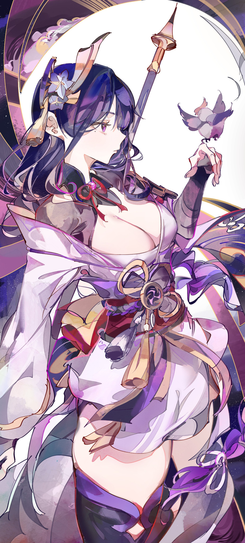 1girl absurdres bird black_thighhighs breasts cleavage cocoballking commentary_request cowboy_shot genshin_impact hair_ornament hand_up highres japanese_clothes kimono large_breasts long_hair long_sleeves off_shoulder purple_eyes purple_hair purple_kimono raiden_shogun solo standing thighhighs thighs very_long_hair