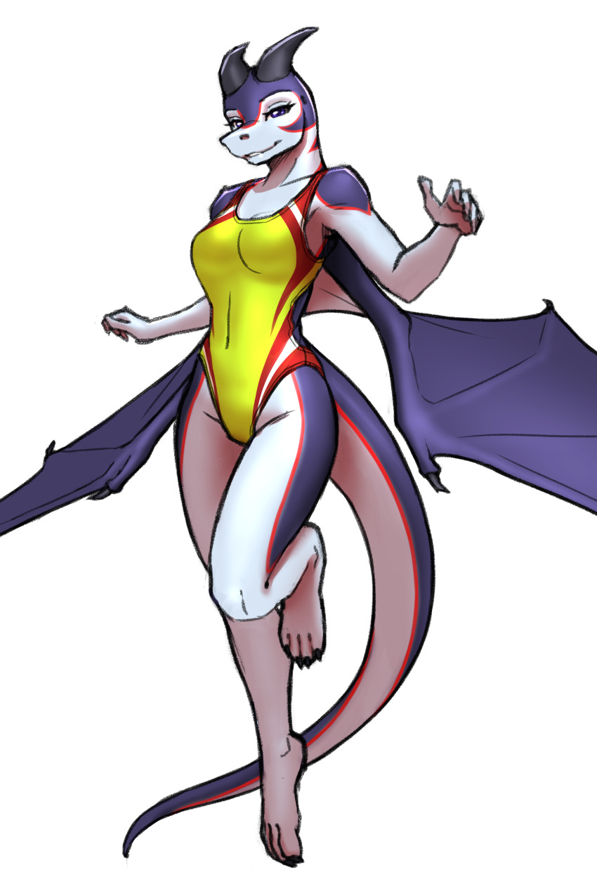 2023 absurd_res anthro breasts clothing dragon eyelashes female hi_res horn looking_at_viewer membrane_(anatomy) membranous_wings mykegreywolf one-piece_swimsuit purple_eyes solo swimwear wings