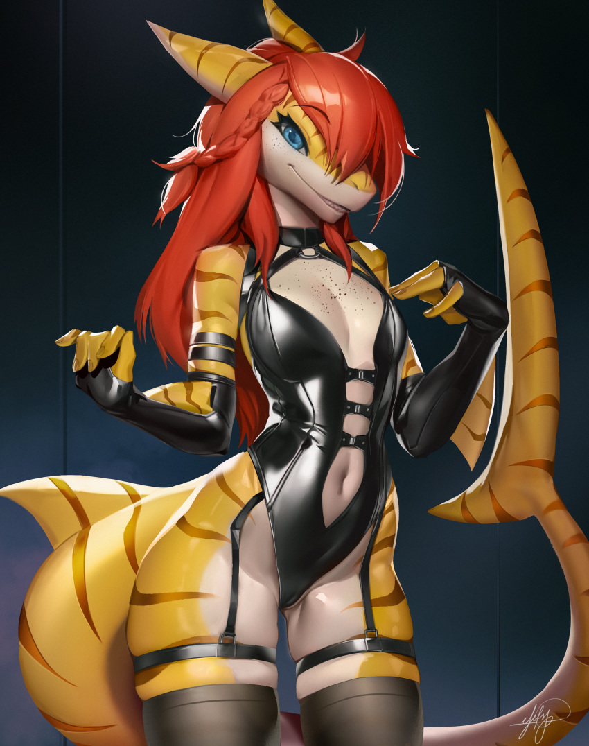 absurd_res anthro armwear blue_eyes camel_toe clothed clothing female fish glistening glistening_eyes grin hair hi_res leather leather_armwear leather_clothing leather_topwear looking_at_viewer marine markings portrait red_hair shark shermugi signature simple_background smile solo striped_arms striped_legs striped_markings striped_tail stripes tail tail_markings tan_body teeth three-quarter_portrait topwear yellow_body
