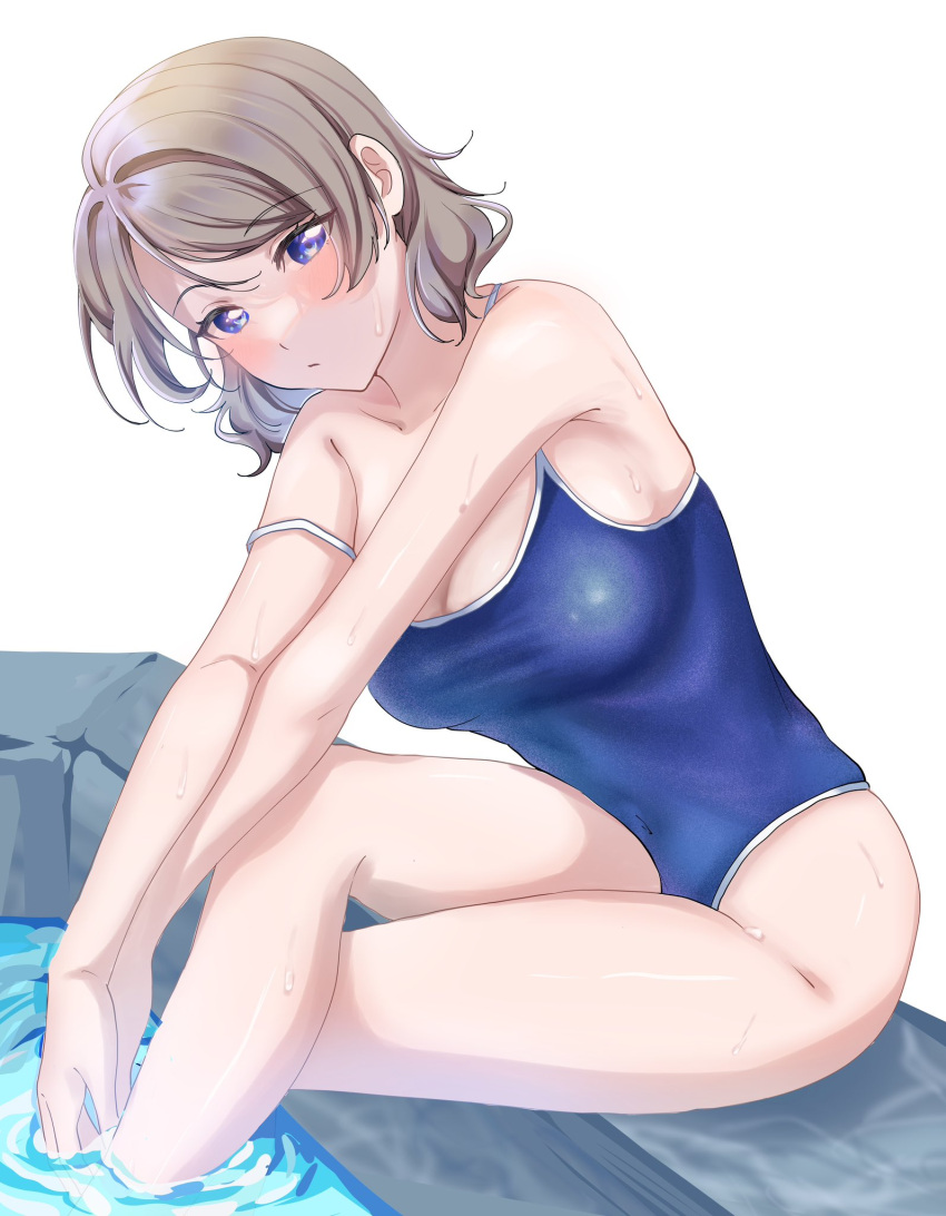 1girl bare_shoulders blue_eyes blue_one-piece_swimsuit blush breasts brown_hair collarbone covered_navel crossed_arms crossed_legs facing_viewer highres looking_at_viewer love_live! love_live!_sunshine!! medium_breasts mei_hinamatsu one-piece_swimsuit pool poolside school_swimsuit short_hair simple_background sitting solo swimsuit thighs watanabe_you water wet white_background