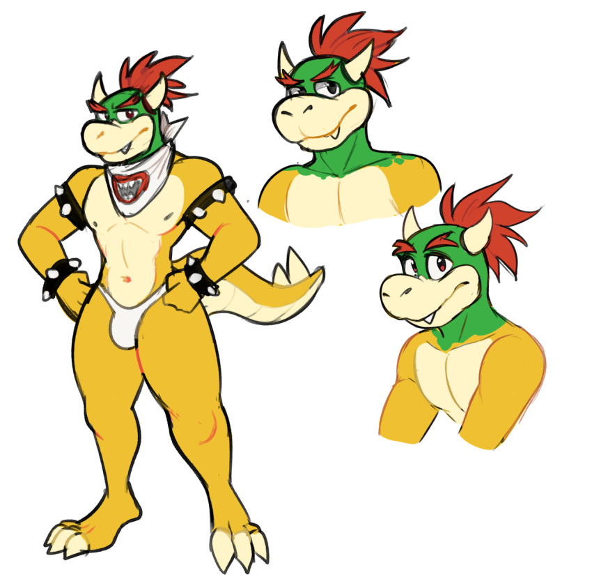 3_toes aged_up anthro bowser_jr. bracelet bulge clothing colored_sketch elfein fangs feet green_body green_scales hair hi_res horn jewelry koopa male mario_bros model_sheet nintendo red_eyes red_hair scales scalie scarf sketch solo spiked_bracelet spikes teeth thong toes underwear white_body white_scales yellow_body yellow_scales