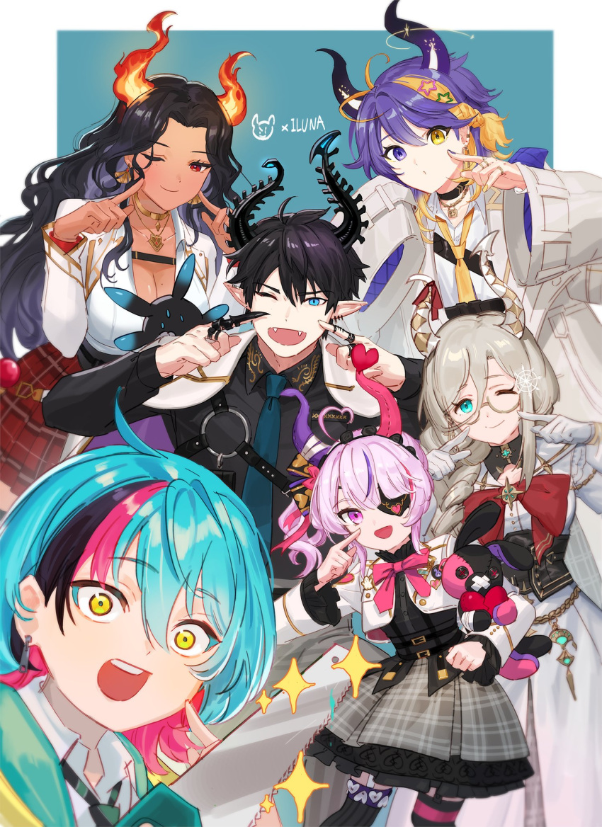 3boys 3girls aia_amare aqua_eyes aster_arcadia black_hair blonde_hair blue_hair braid breasts cleavage dark-skinned_female dark_skin dress eyepatch gloves heterochromia highres horns iluna_(nijisanji) jacket kyo_kaneko long_hair maria_marionette medium_hair multicolored_hair multiple_boys multiple_girls necktie nijisanji nijisanji_en one_eye_closed open_clothes open_jacket pink_eyes pink_hair pointy_ears purple_eyes purple_hair ragi_23 red_eyes ren_zotto round_eyewear saw scarle_yonaguni side_ponytail single_braid smile streaked_hair virtual_youtuber white_dress white_gloves white_jacket yellow_eyes yellow_necktie