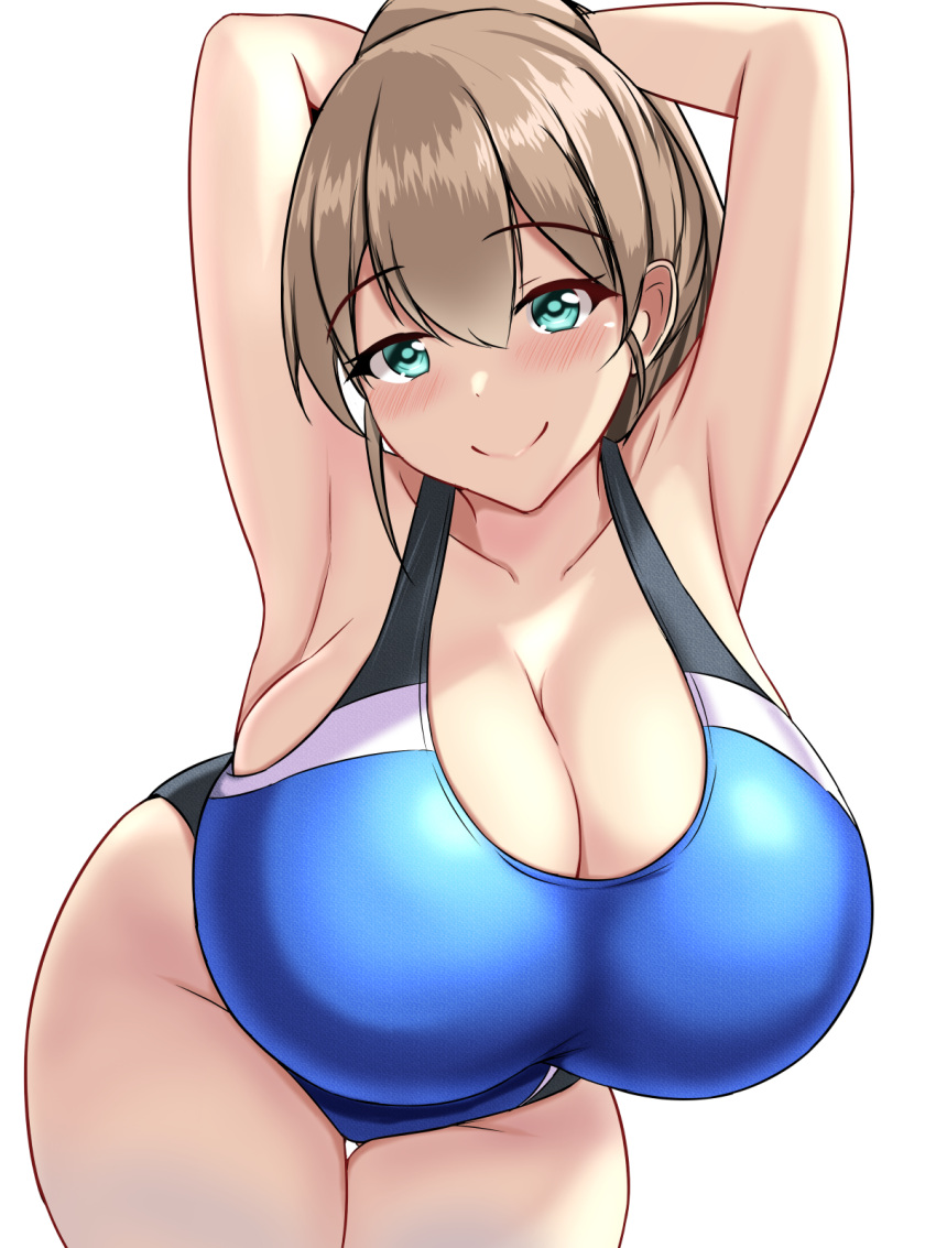 1girl aqua_eyes armpits arms_up bent_over blue_one-piece_swimsuit blush breasts brown_hair cleavage closed_mouth collarbone commentary_request competition_swimsuit hanging_breasts highres intrepid_(kancolle) kantai_collection looking_at_viewer montemasa one-piece_swimsuit simple_background smile solo standing swimsuit white_background