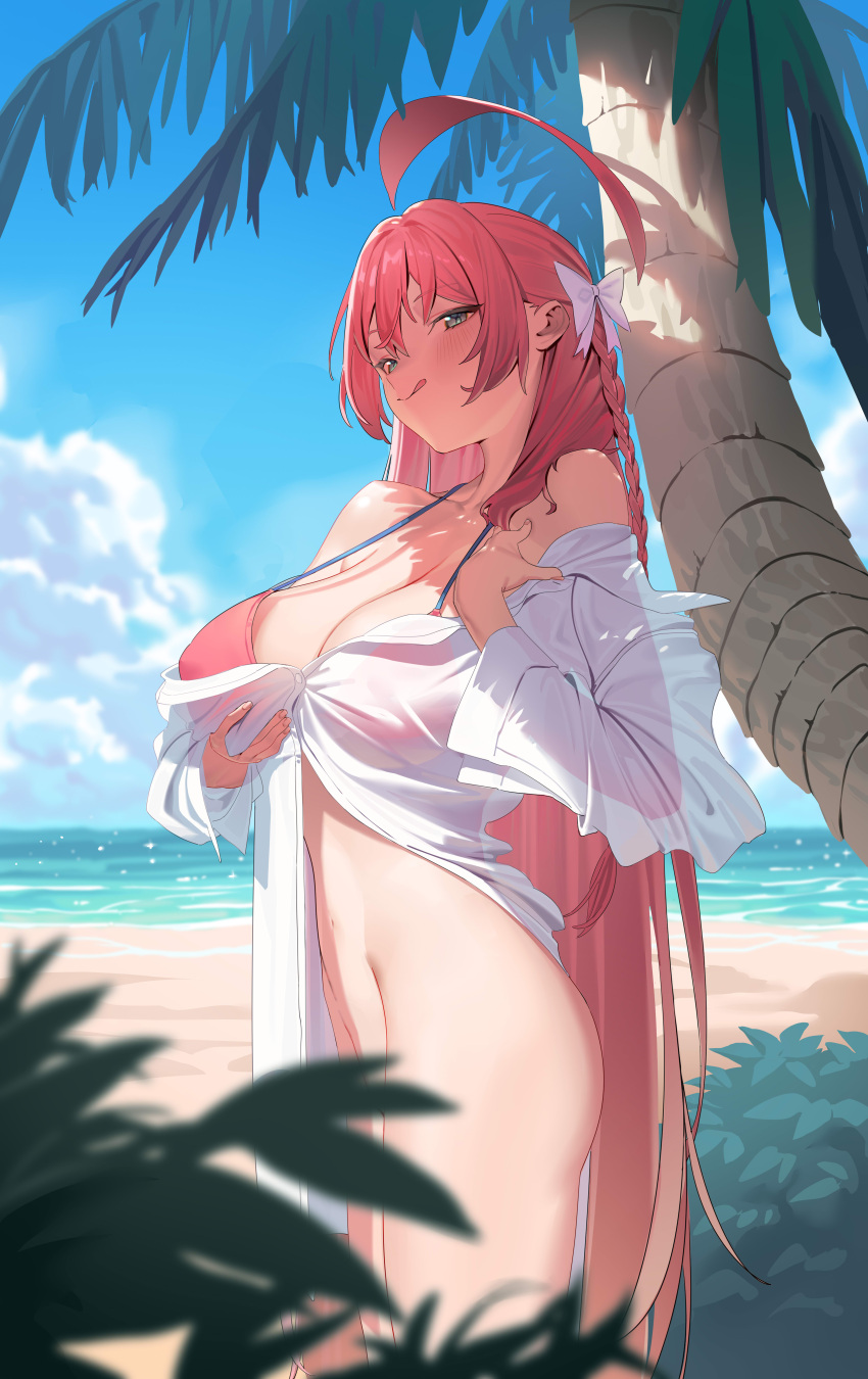 1girl absurdres ahoge arms_up artist_name ass bare_shoulders beach bikini bikini_top_only blue_archive blue_sky blush bottomless bow braid breasts cleavage closed_mouth collared_shirt cowboy_shot doufu_(pixiv9093484) green_eyes groin hair_bow hair_ornament halo hanako_(blue_archive) hanako_(swimsuit)_(blue_archive) hands_up highres large_breasts licking_lips long_hair long_sleeves looking_at_viewer navel off_shoulder official_alternate_costume open_clothes open_shirt outdoors palm_tree pink_bikini pink_hair see-through shirt sky smile solo standing stomach string_bikini swimsuit thighs tongue tongue_out tree very_long_hair water white_bow white_shirt