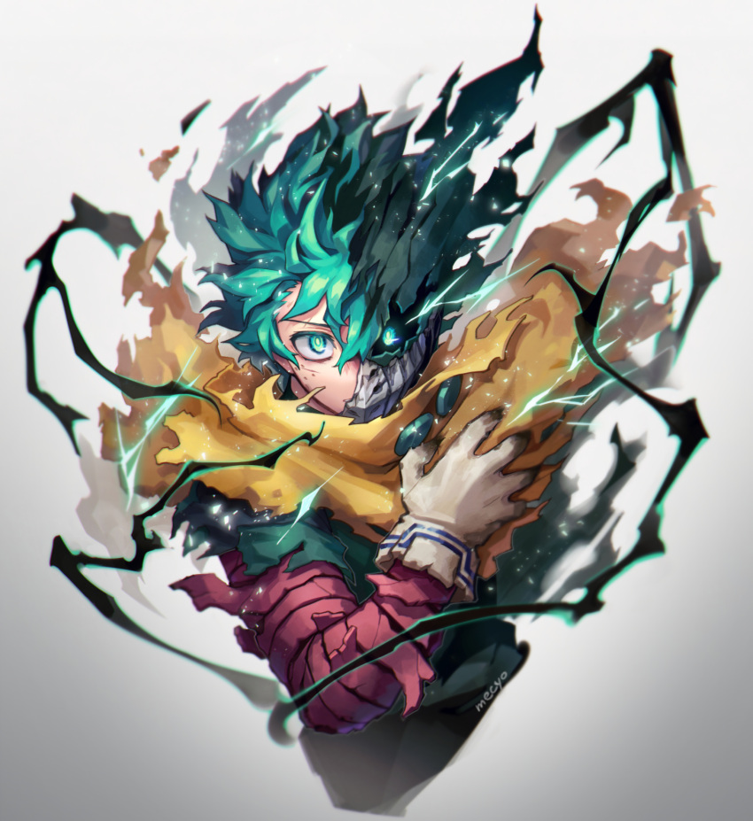 1boy artist_name bangs black_whip_(boku_no_hero_academia) blurry boku_no_hero_academia cape chromatic_aberration cropped_torso curly_hair depth_of_field electricity eyes_in_shadow floating_cape floating_clothes floating_hair freckles gloves glowing glowing_eyes gradient_background green_eyes green_hair green_mask green_pupils grey_background hair_between_eyes half_mask hand_up highres light_particles looking_at_viewer male_focus mask mecyo_(mamezurushiki) midoriya_izuku official_alternate_costume scar scar_on_face short_hair soft_focus spoilers torn_cape torn_clothes torn_gloves torn_mask torn_sleeve upper_body white_background white_gloves