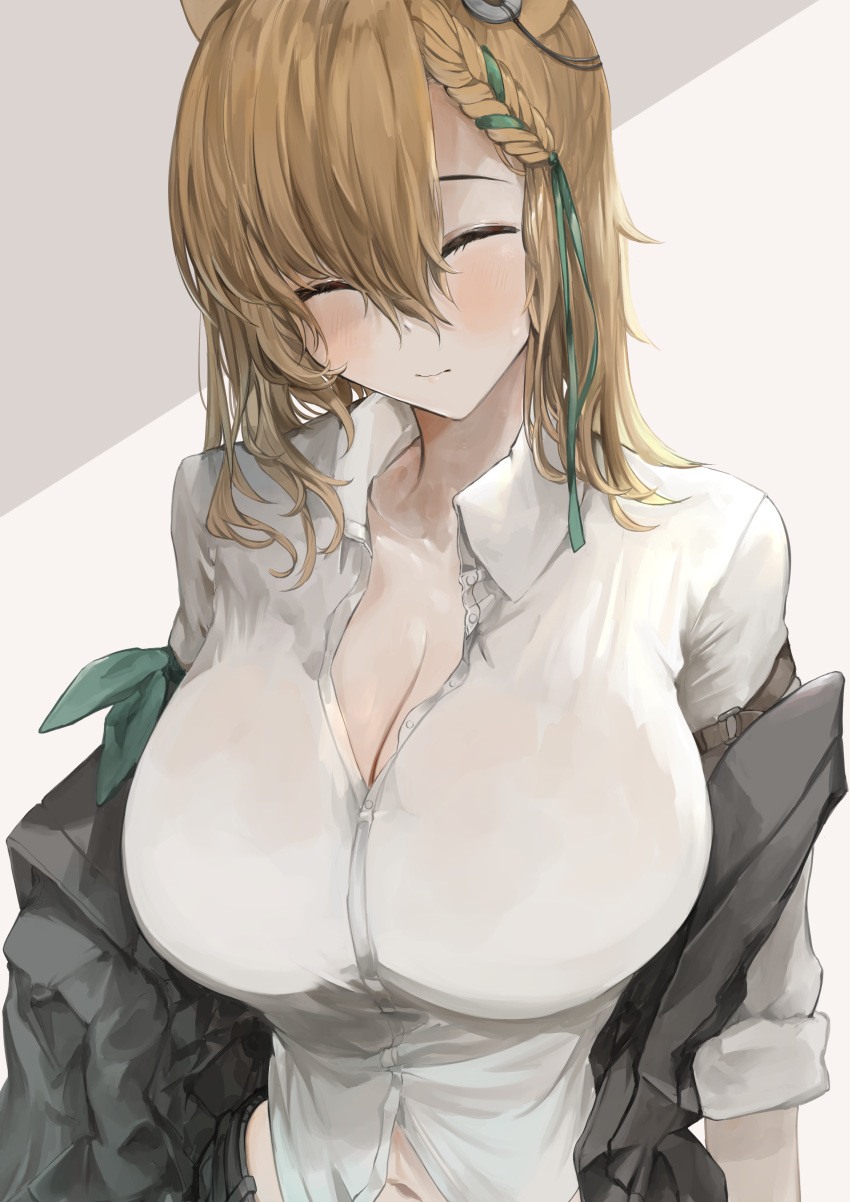 1girl absurdres animal_ears arknights black_vest blush braid breasts brown_hair cleavage closed_eyes closed_mouth collared_shirt dress_shirt facing_viewer green_ribbon hair_ribbon highres kajuu kroos_(arknights) kroos_the_keen_glint_(arknights) large_breasts long_hair long_sleeves navel off_shoulder open_clothes open_vest rabbit_ears ribbon shirt solo two-tone_background upper_body vest white_shirt