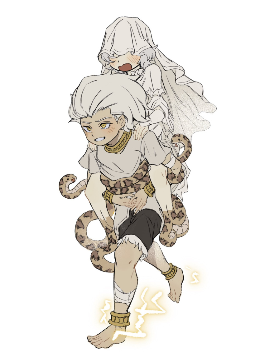 2boys aged_down animal anklet barefoot black_shorts blush bracelet carrying dark_souls_(series) dark_souls_i dark_souls_iii dark_sun_gwyndolin dress extra_hands frilled_dress frills fur-trimmed_shorts fur_trim grey_hair grey_shirt grin hands_on_another's_stomach highres jewelry long_hair male_focus multiple_boys nameless_king orange_eyes piggyback running shirt short_hair short_sleeves shorts simple_background smile snake teeth veil white_dress zunkome