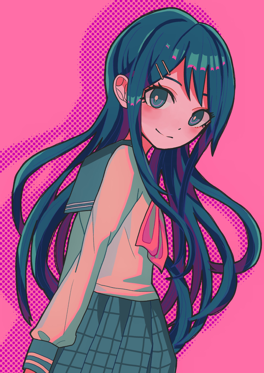 1girl absurdres blue_hair blush bright_pupils closed_mouth commentary cowboy_shot danganronpa:_trigger_happy_havoc danganronpa_(series) from_side green_eyes green_sailor_collar hair_ornament hairclip highres long_hair long_sleeves looking_at_viewer looking_to_the_side maizono_sayaka neckerchief nuru_(ya0r0) pink_background pink_neckerchief plaid plaid_skirt pleated_skirt polka_dot polka_dot_background sailor_collar school_uniform serafuku shirt skirt smile solo