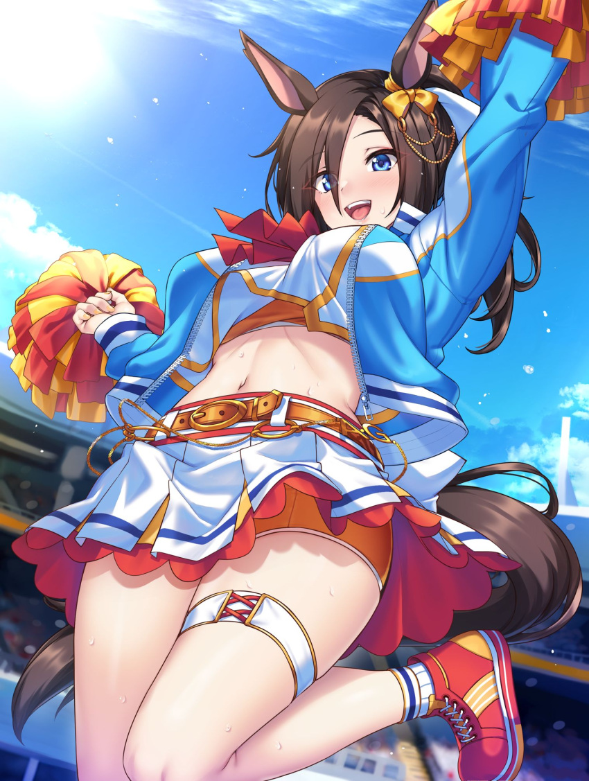 1girl air_groove_(umamusume) arm_up blue_eyes blue_sky brown_hair cheerleader cloud commentary_request crop_top day highres long_hair midriff miniskirt navel orange_shorts pom_pom_(cheerleading) red_footwear shirokuma_a shirt shoes short_shorts shorts shorts_under_skirt skirt sky solo stomach thigh_strap thighs umamusume white_shirt white_skirt