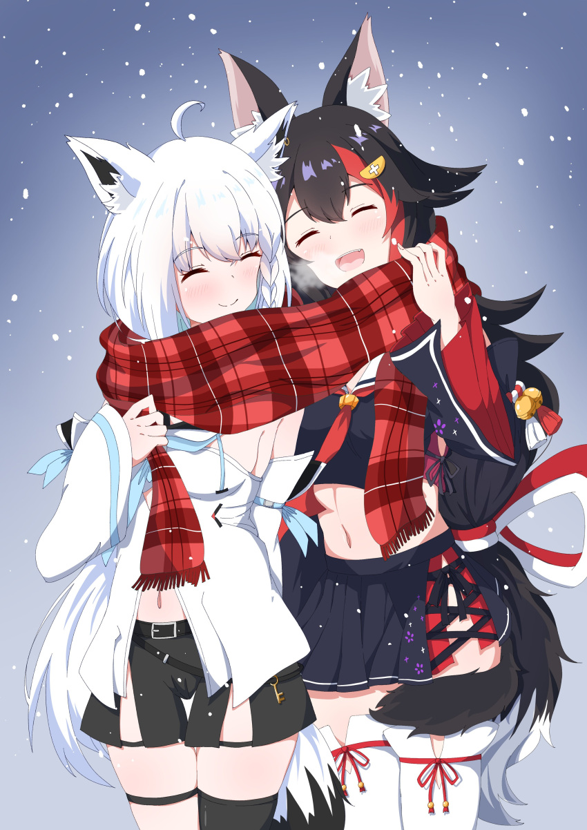 2girls absurdres ahoge animal_ears black_hair black_shirt black_shorts black_skirt black_thighhighs closed_eyes closed_mouth cropped_shirt detached_sleeves ekaki_mato fox_ears fox_girl fox_tail hair_ornament hairpin highres hololive hood hoodie long_hair multicolored_hair multiple_girls ookami_mio ookami_mio_(1st_costume) open_mouth red_hair red_scarf scarf shared_clothes shared_scarf shirakami_fubuki shirakami_fubuki_(1st_costume) shirt shorts single_thighhigh skirt smile snow snowing streaked_hair tail thigh_strap thighhighs virtual_youtuber white_hair white_hoodie white_sleeves white_thighhighs wolf_ears wolf_girl wolf_tail