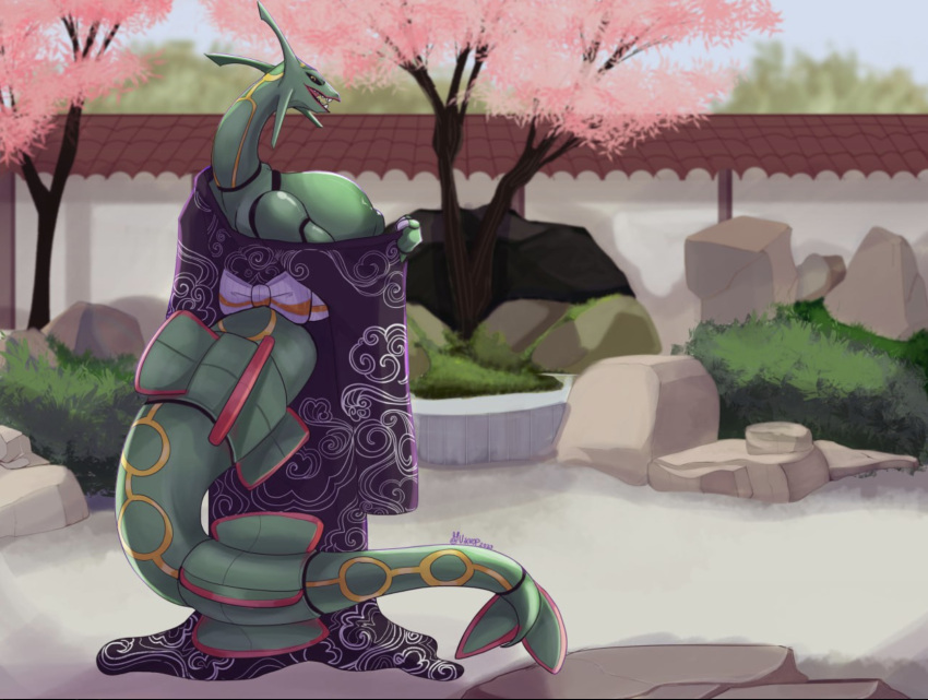 anthro asian_clothing big_breasts breasts clothed clothing east_asian_clothing female generation_3_pokemon green_body hi_res japanese_clothing kimono legendary_pokemon nintendo nipples outside pokemon pokemon_(species) rayquaza solo vikhop