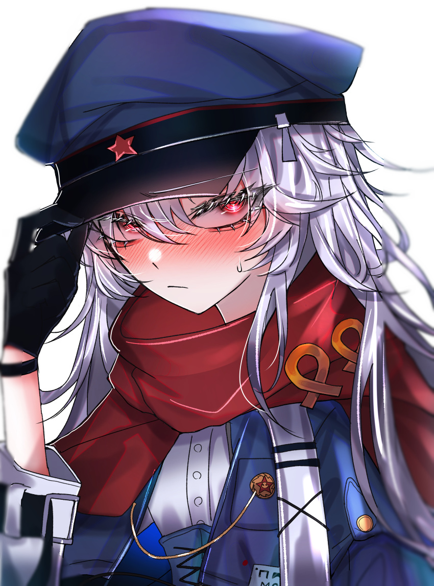 1girl 33_gaff absurdres black_gloves blue_headwear blush commentary_request commission girls'_frontline gloves grey_hair hat highres long_hair looking_at_viewer makarov_(girls'_frontline) makarov_(mod3)_(girls'_frontline) military_hat red_eyes red_scarf red_star scarf simple_background skeb_commission solo star_(symbol) sweatdrop upper_body white_background