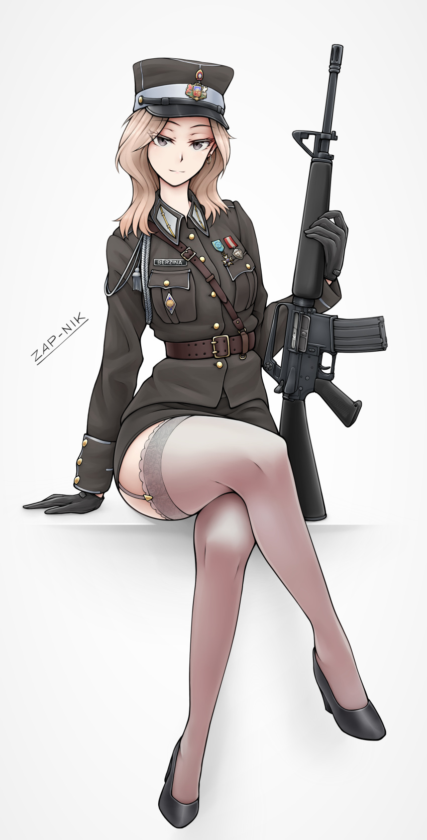 1girl absurdres artist_name assault_rifle belt brown_eyes brown_hair crossed_legs earrings full_body garter_straps gloves gun hat high_heels highres jewelry legs looking_at_viewer m16 m16a1 medal medium_hair military military_hat military_uniform original rifle skirt smile solo thighhighs thighs uniform weapon zap-nik