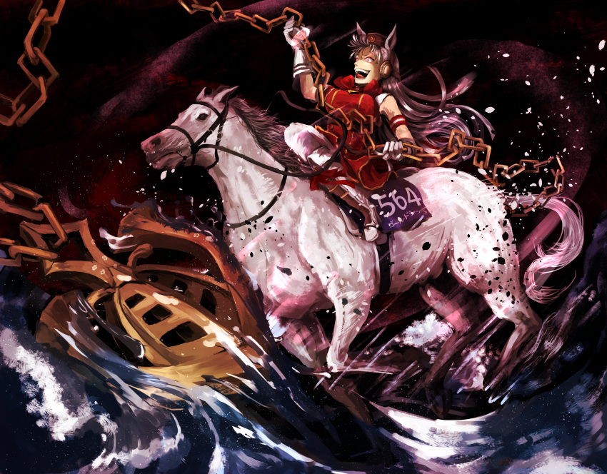 1girl anchor animal_ears armband boots bridle brown_headwear chain chama_(painter) character_name commentary_request commission creature_and_personification dress gloves gold_ship_(racehorse) gold_ship_(umamusume) headgear highres holding holding_chain horse horse_ears horseback_riding knee_boots light_purple_hair medium_request number_pun pantyhose pillbox_hat real_life red_dress reins riding skeb_commission splashing umamusume walking walking_on_liquid water_drop waves white_footwear white_gloves white_pantyhose