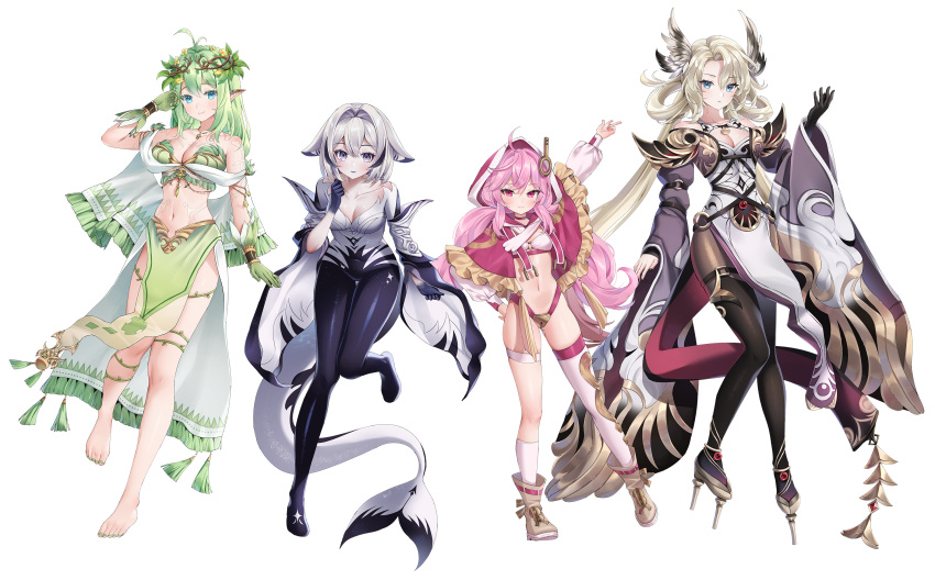 4girls :3 ahoge animal_ears antenna_hair arm_up ass_visible_through_thighs asymmetrical_legwear bare_shoulders barefoot bikini blonde_hair blue_eyes boots breasts brown_pantyhose capelet choker cleavage closed_mouth colored_skin crop_top cross-shaped_pupils detached_sleeves eien_project elf frilled_capelet frills green_hair head_wreath high_heels highres hood kiki_lockheart kurayami_kilia large_breasts large_tail lock long_hair long_skirt long_sleeves looking_at_viewer midriff multiple_girls nami_(nyaa) navel padlock pantyhose pelvic_curtain pink_choker pink_hair pink_hood pointy_ears red_eyes revealing_clothes riifu_evergreen simple_background skirt skye_shinryu small_breasts smile smug socks stomach strapless swimsuit symbol-shaped_pupils tail thigh_strap thighhighs thighs tube_top white_background white_bikini white_hair white_socks white_thighhighs wide_sleeves