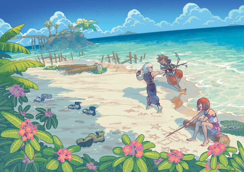 1girl 2boys barefoot beach fish flower glass_bottle grey_hair highres island kairi_(kingdom_hearts) kingdom_hearts kingdom_hearts_i log multiple_boys palm_tree plant red_hair riku_(kingdom_hearts) sand shoes shoes_removed short_hair sora_(kingdom_hearts) stefmasc stick tree