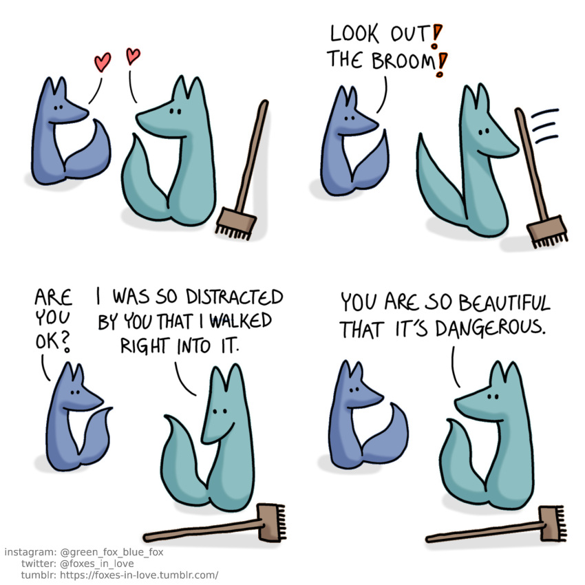 &lt;3 ambiguous_gender base_two_layout blue_body blue_fox_(foxes_in_love) blue_fur broom canid canine cleaning_tool comic dialogue dot_eyes duo english_text feral four_frame_image fox foxes_in_love fur green_body green_fox_(foxes_in_love) green_fur hi_res male_(lore) mammal simple_background text trans_(lore) trans_man_(lore) twitter_handle url white_background