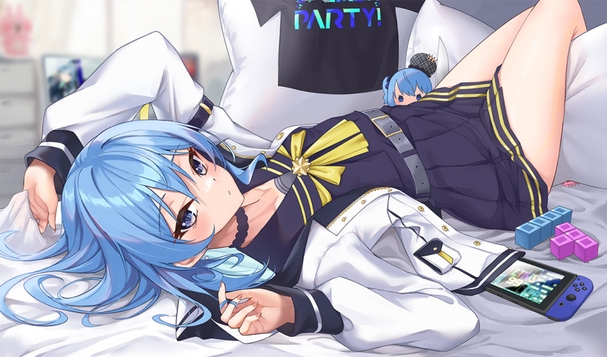 1girl belt blue_eyes blue_hair blurry blurry_background closed_mouth from_side hololive hoshimachi_suisei jacket long_hair looking_at_viewer lying miniskirt neck_ribbon nintendo_switch on_back pillow pleated_skirt ribbon sailor_collar shirt skirt solo star_(symbol) star_in_eye stuffed_toy symbol_in_eye tetris thighs virtual_youtuber white_jacket z.m._(zimin)