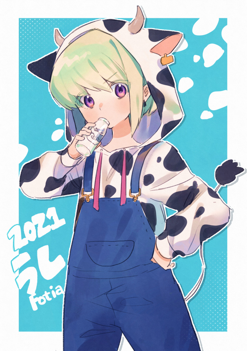 1boy alternate_costume animal_print blue_background blue_overalls border bottle cow_hood cow_print cow_tail drinking ear_tag earrings fake_tail green_hair hand_on_own_hip highres holding holding_bottle hood hoodie jewelry kouhara_yuyu light_blush lio_fotia long_sleeves male_focus milk_bottle otoko_no_ko overalls print_hoodie promare purple_eyes short_hair solo standing tail triangle_earrings v-shaped_eyebrows white_border