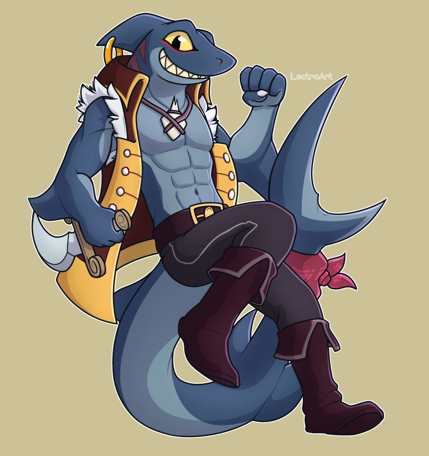 2021 5_fingers abs absurd_res anthro artist_name boots bottomwear clothing dungeons_of_aether fingers fish fist footwear hi_res lectroart looking_at_viewer male marine pants rivals_of_aether shark sharp_teeth simple_background slade_(dungeons_of_aether) smile solo teeth topwear vest