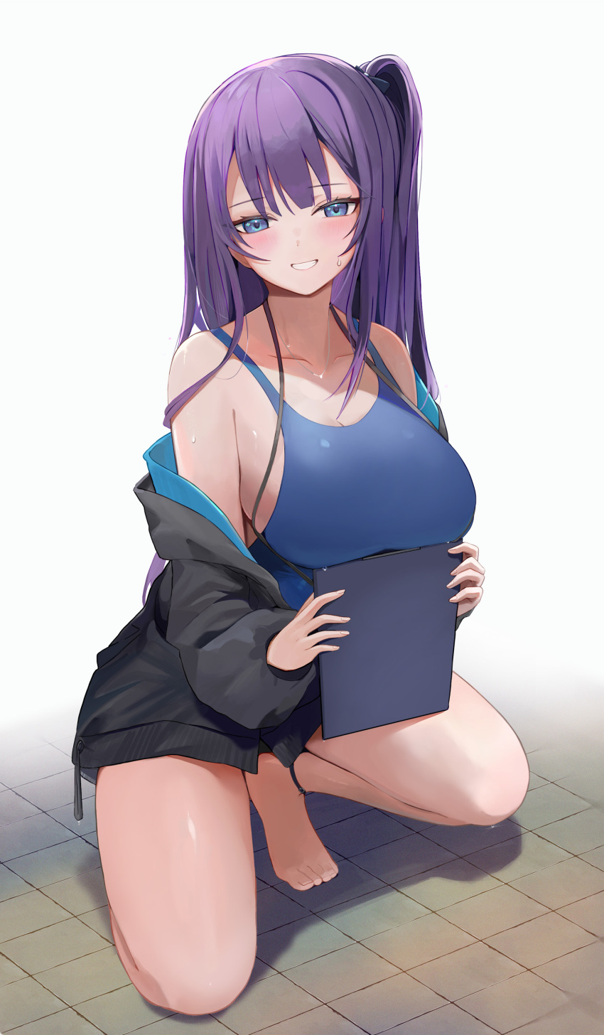 1girl absurdres barefoot black_jacket blue_eyes blue_one-piece_swimsuit breast_rest breasts cleavage clipboard full_body grin highres holding holding_clipboard jacket large_breasts long_hair long_sleeves looking_at_viewer off_shoulder one-piece_swimsuit open_clothes open_jacket original purple_hair side_ponytail simple_background smile swimsuit tomura2maru