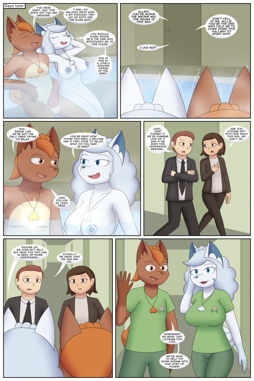 alolan_form alolan_vulpix anthro big_breasts breasts clothed clothing colored comic decourem dialogue english_text female fur gender_transformation generation_1_pokemon genitals group hi_res human male mammal mtf_transformation nintendo nipples nude orange_body orange_fur penis pokemon pokemon_(species) pokemon_transformation pool pre-transformation regional_form_(pokemon) species_transformation speech_bubble text tired transformation vulpix water white_body white_fur