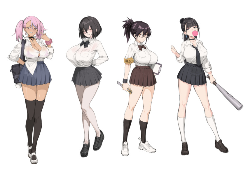 4girls bag baseball_bat black_bow black_bowtie black_choker black_eyes black_footwear black_hair black_necktie black_skirt black_thighhighs blue_hair blue_skirt bow bowtie boxcutter bra bra_visible_through_clothes breasts bright_pupils brown_eyes brown_skirt bubble_blowing button_gap chewing_gum choker cleavage clipboard collared_shirt commentary_request dark-skinned_female dark_skin earrings glasses grin gyaru holding holding_baseball_bat holding_boxcutter holding_clipboard jewelry kogal large_breasts loafers long_hair loose_necktie multicolored_hair multiple_girls necklace necktie original pantyhose partially_unbuttoned pink_bra pink_hair pink_scrunchie pleated_skirt pointing pointing_at_self ponytail school_uniform scrunchie semi-rimless_eyewear shirt shirt_partially_tucked_in shirt_tucked_in shoes short_hair shoulder_bag skirt smile sneakers socks streaked_hair tan thighhighs try_(lsc) twintails underwear white_bra white_footwear white_pantyhose white_pupils white_shirt white_socks wrist_scrunchie yellow_armband