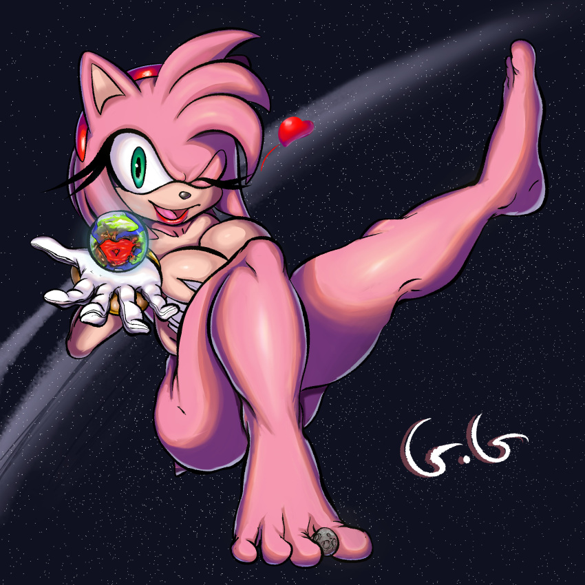 &lt;3 absurd_res accessory amy_rose anthro big_breasts bracelet breasts clothing covering covering_breasts eulipotyphlan feet female generalgodzilla gloves hair_accessory hairband handwear hedgehog hi_res jewelry kiss_mark lipstick macro makeup mammal moon nude one_eye_closed planet sega solo sonic_the_hedgehog_(series) space terra_macro wink