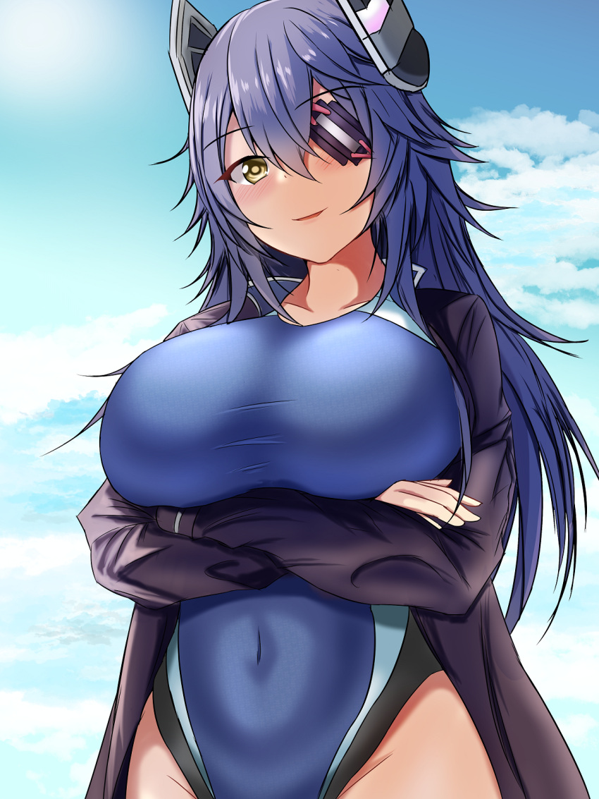 1girl alternate_hair_length alternate_hairstyle bangs black_one-piece_swimsuit blue_one-piece_swimsuit blush breasts cloud cloudy_sky commentary_request competition_swimsuit covered_navel crossed_arms dated day eyepatch hair_between_eyes headgear highleg highleg_swimsuit highres huge_breasts impossible_clothes jacket kantai_collection long_hair looking_at_viewer messy_hair montemasa multicolored_clothes multicolored_swimsuit one-hour_drawing_challenge one-piece_swimsuit open_mouth partial_commentary purple_hair purple_jacket sky smile solo standing stomach sunlight swimsuit tenryuu_(kancolle) thighs twitter_username two-tone_swimsuit yellow_eyes