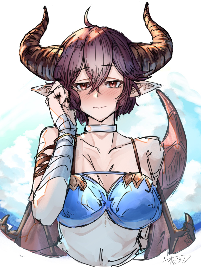 1girl ahoge bandaged_arm bandages bare_shoulders bikini blue_bikini blush breasts brown_hair choker closed_mouth dragon_girl dragon_tail dragon_wings embarrassed granblue_fantasy grea_(shingeki_no_bahamut) hair_between_eyes hand_in_own_hair hand_up highres holding large_breasts nabeji_(wata_nb) pointy_ears red_eyes short_hair sidelocks signature solo swimsuit tail upper_body wings