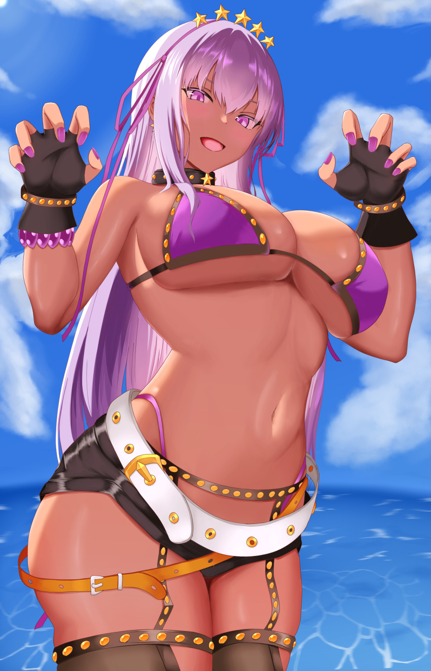 1girl absurdres bare_shoulders bb_(fate) bb_(swimsuit_mooncancer)_(fate) bb_(swimsuit_mooncancer)_(second_ascension)_(fate) beach bead_bracelet beads belt bikini black_garter_belt black_gloves black_shorts black_thighhighs blue_sky blush bracelet breasts claw_pose cleavage dark-skinned_female dark_skin earrings elrin fate/grand_order fate_(series) fingerless_gloves garter_belt gloves hair_ornament hair_ribbon hairband highres jewelry large_breasts long_hair looking_at_viewer loose_belt micro_shorts navel ocean open_mouth purple_bikini purple_eyes purple_hair ribbon shorts sky smile solo star_(symbol) star_earrings star_hair_ornament studded_garter_belt swimsuit tan thighhighs thighs white_belt