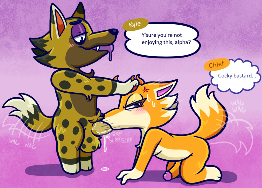 animal_crossing anthro balls bodily_fluids canid canine canis chief_(animal_crossing) dialogue dripping drooling duo english_text fellatio genitals girly hair hand_on_head kyle_(animal_crossing) male male/male mammal nintendo nude oral penile penis profanity pulling_hair saliva saliva_drip saliva_on_penis sex sinribbons skinny skinny_male tail tail_motion tailwag text touching_hair wolf