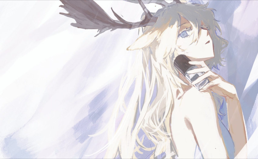 1girl animal_ears antlers arknights bed_sheet blonde_hair blue_eyes bottle breasts chinese_commentary commentary_request deer_antlers deer_girl eyelashes from_side grey_background hair_between_eyes hand_up highres holding holding_bottle implied_nudity light_rays long_hair looking_at_viewer looking_to_the_side mole mole_on_arm naked_sheet nude pale_color parted_lips perfume_bottle shade sideways_glance solo spotlight standing two-tone_background upper_body viviana_(arknights) wavy_hair weibo_3818965050 white_background