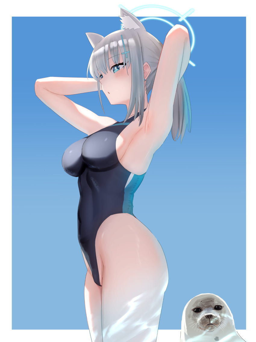 1girl animal_ear_fluff animal_ears arms_behind_head bakaking black_one-piece_swimsuit blue_archive blue_eyes blue_sky breasts competition_swimsuit covered_navel cowboy_shot cross_hair_ornament extra_ears grey_hair hair_ornament halo highres low_ponytail medium_breasts medium_hair mismatched_pupils multicolored_clothes multicolored_swimsuit official_alternate_costume one-piece_swimsuit seal_(animal) shiroko_(blue_archive) shiroko_(swimsuit)_(blue_archive) sky standing swimsuit wolf_ears