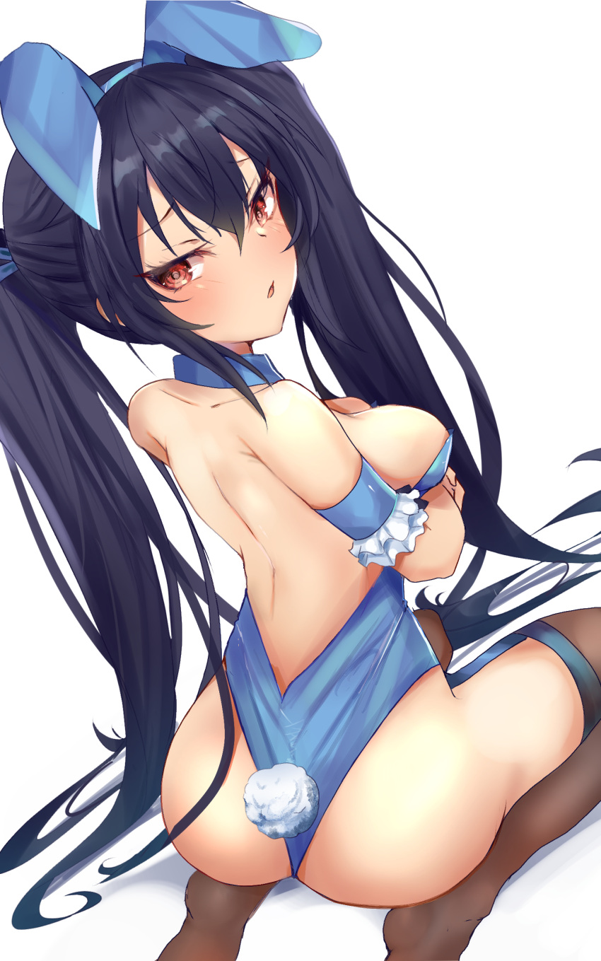 1girl absurdres animal_ears ass backless_outfit bare_shoulders bimmy black_hair black_thighhighs blush breasts frills from_behind hair_between_eyes hair_ribbon highres long_hair looking_at_viewer medium_breasts neptune_(series) no_shoes noire_(neptune_series) playboy_bunny rabbit_ears rabbit_tail red_eyes ribbon seiza sitting solo tail thighhighs twintails