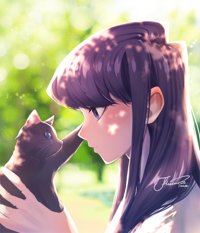 1girl absurdres animal black_cat black_eyes black_hair cat closed_mouth dappled_sunlight day from_side highres holding holding_animal holding_cat j_humbo komi-san_wa_komyushou_desu komi_shouko long_hair outdoors profile shirt signature solo sunlight white_shirt