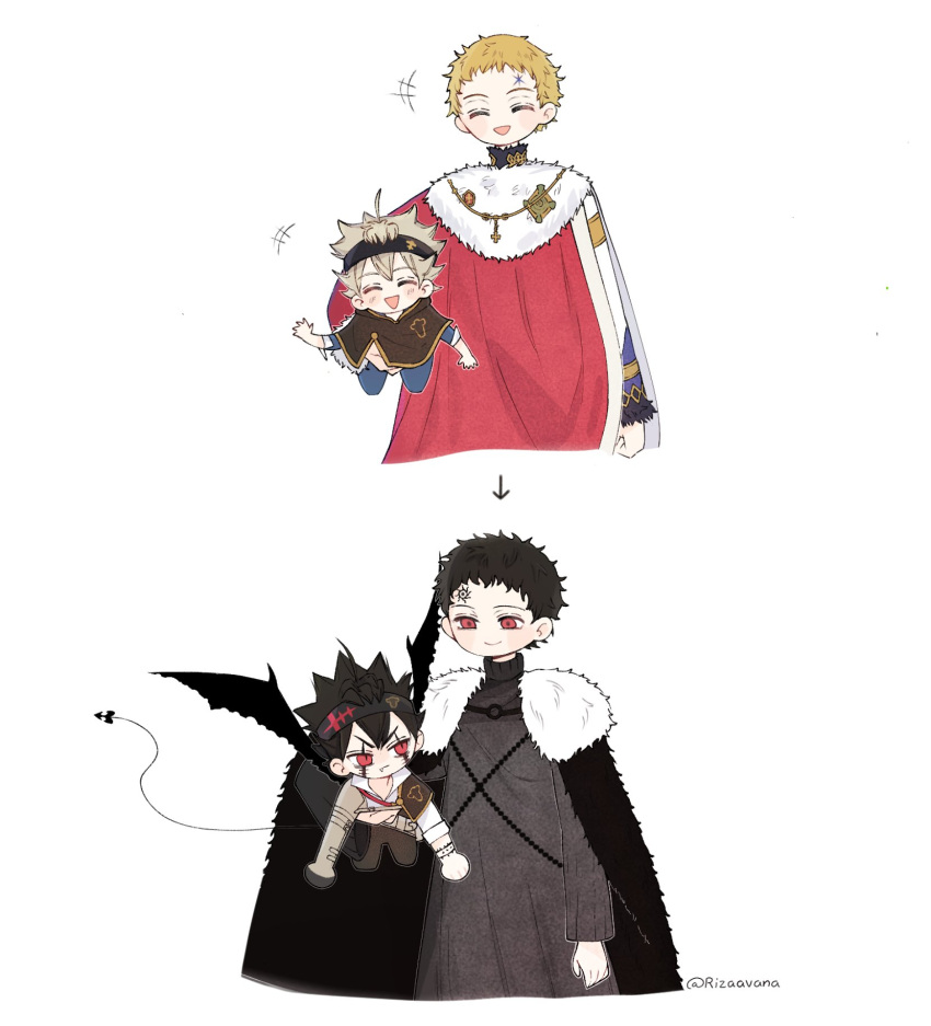 3boys asta_(black_clover) black_bulls_(emblem) black_capelet black_clover black_hair black_headband black_wings blonde_hair cape capelet closed_eyes closed_mouth dual_persona facial_mark forehead_mark fur-trimmed_robe fur_cape fur_trim grey_hair headband highres julius_novachrono long_sleeves looking_at_another lucius_zogratis multiple_boys open_mouth rizaavana robe royal_robe short_hair simple_background smile twitter_username white_background wings