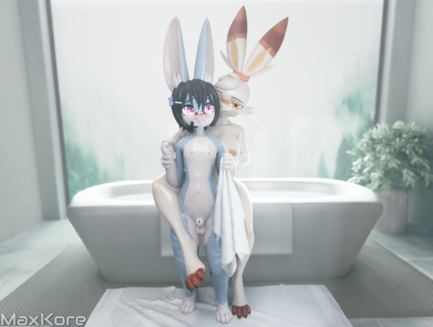 2023 3d_(artwork) 4_fingers 4_toes 5_fingers absurd_res animal_genitalia anthro balls band-aid band-aid_on_face bandage bathroom bathtub black_hair blue_body blue_fur blush breasts day digital_media_(artwork) dominant dominant_female duo feet female fingers flower_hair_accessory fur generation_8_pokemon genitals girly grabbing_from_behind hair hi_res holding_arms inside lagomorph leg_wrap leporid looking_at_another looking_at_partner looking_at_viewer male male/female mammal markings maxkore nintendo nipples one_eye_closed orange_eyes plant pokemon pokemon_(species) purple_eyes rabbit scorbunny sheath signature sitting size_difference smile standing striped_markings stripes toes towel water wet white_body white_fur window